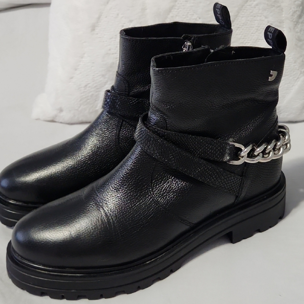 Chunky Black Ankle Booties with Chain Detail